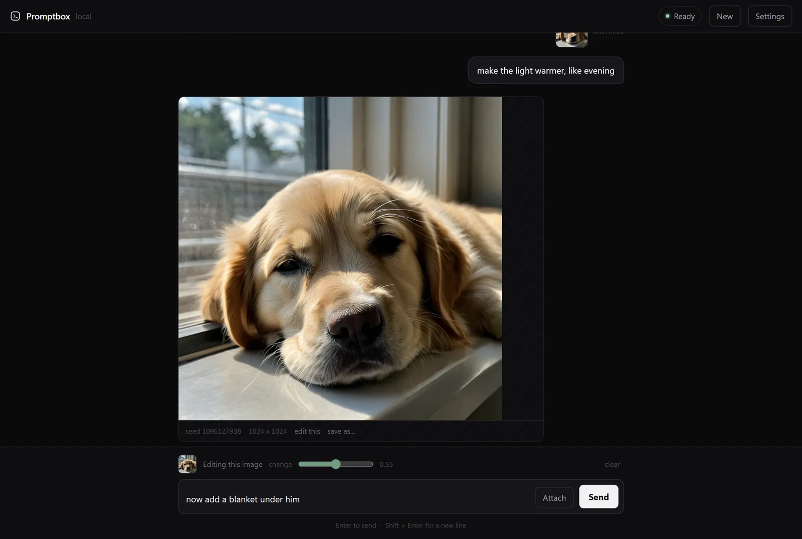 Promptbox editing a photo of a sleeping golden retriever after the prompt 'make the light warmer, like evening', with an edit strength slider at 0.55.