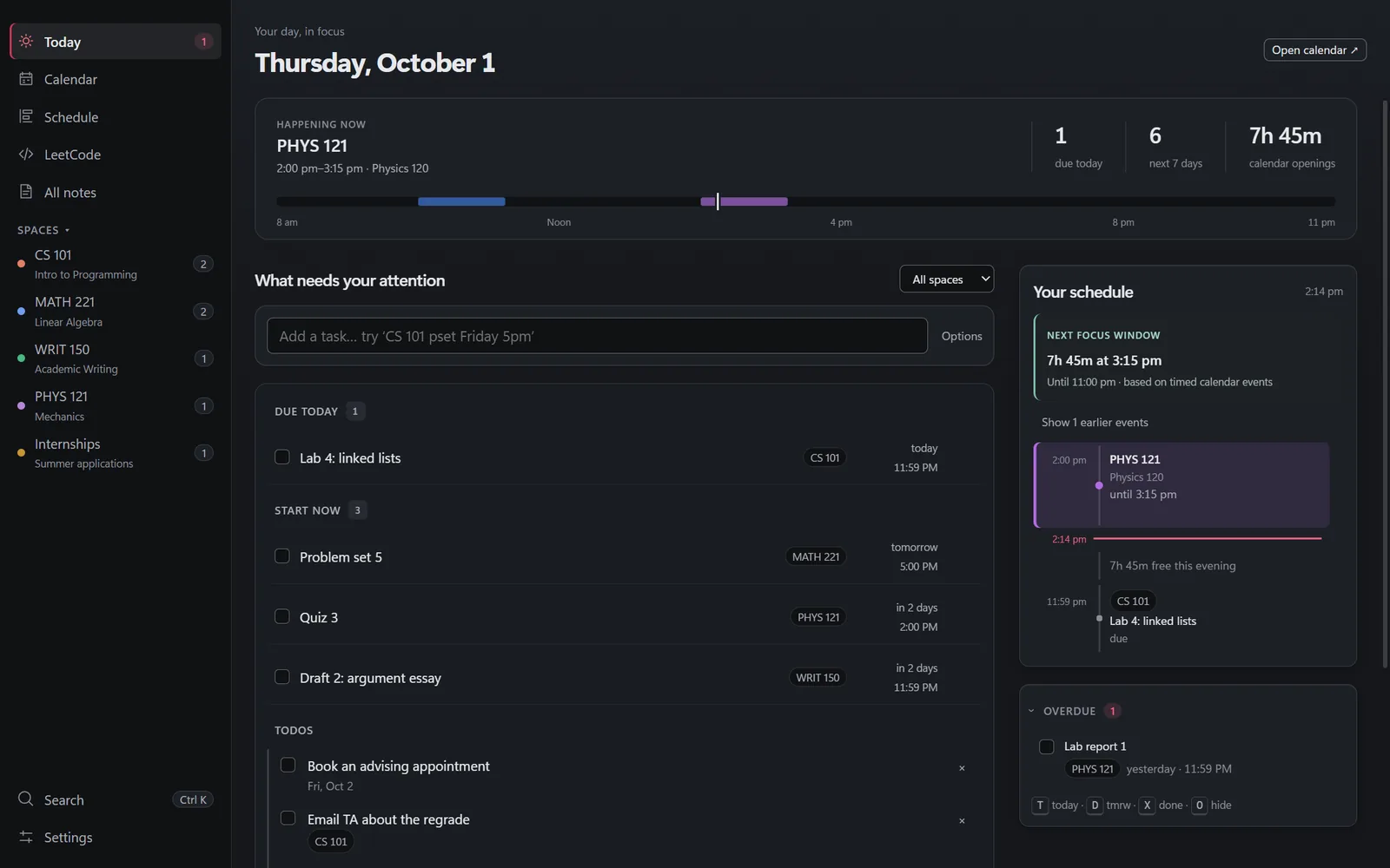 Tartan's Today view: classes in a sidebar, what's due today, what to start now, and a schedule showing the next free window.